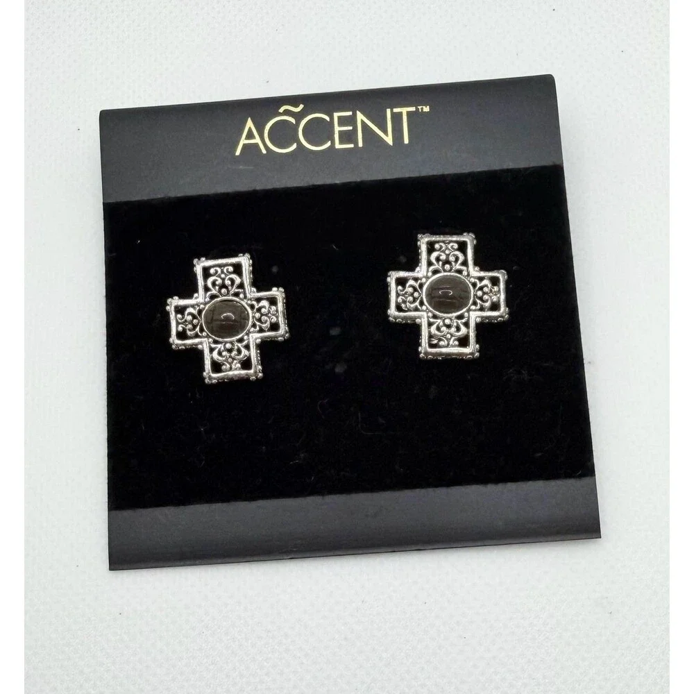 Accent Silver-Tone Ornate Cross Post Earrings with Gray Stones